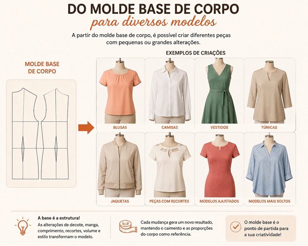 Infográfico: a partir do molde base de corpo é possível criar diversos modelos de peças