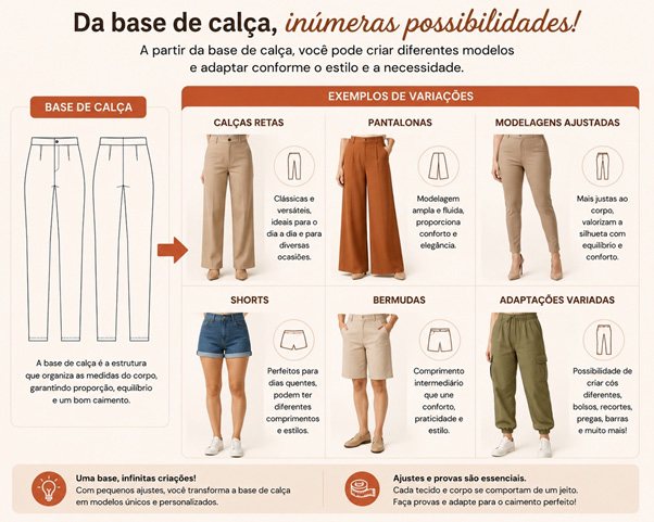 Infográfico: variações de calça criadas a partir da mesma base, de reta a pantalona