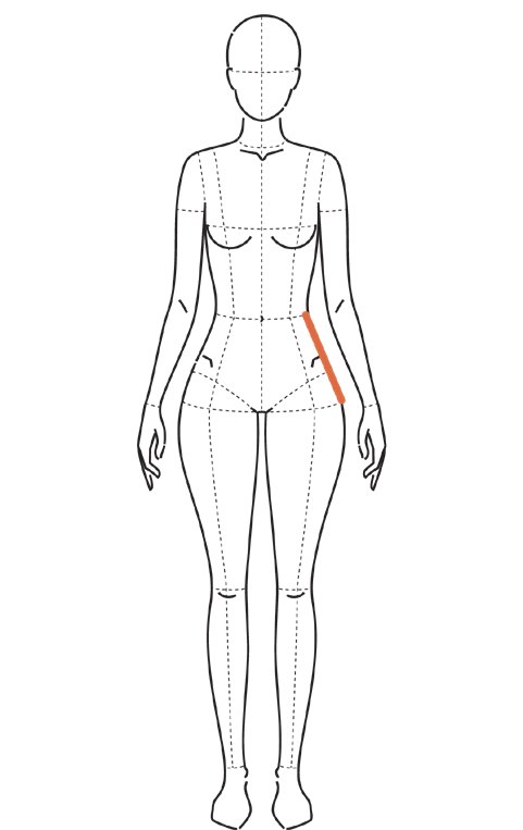 Ilustração com linha vertical na lateral, da cintura marcada até a linha do quadril