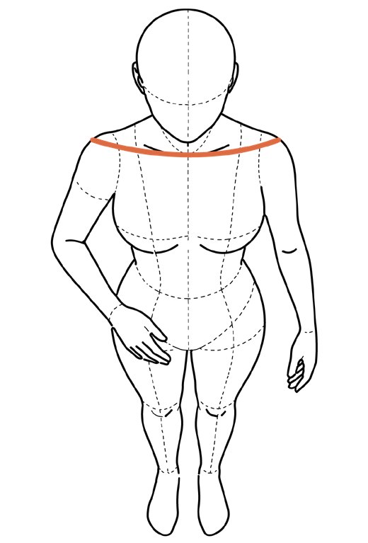 Ilustração aproximada de frente com linha ligando os dois pontos de ombro