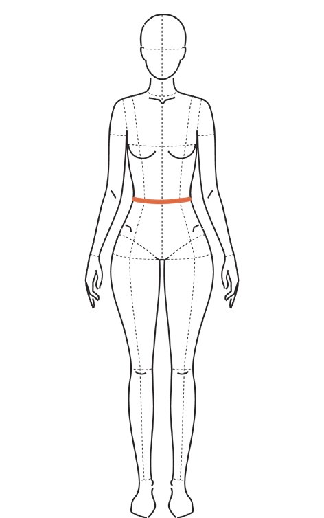 Ilustração do corpo com a linha da cintura natural marcada em laranja, na horizontal