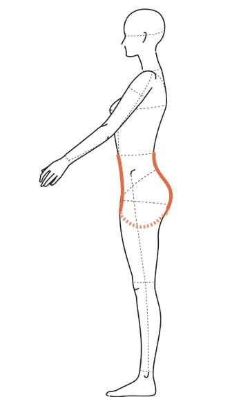 Ilustração de perfil destacando a região do gancho, que passa entre as pernas