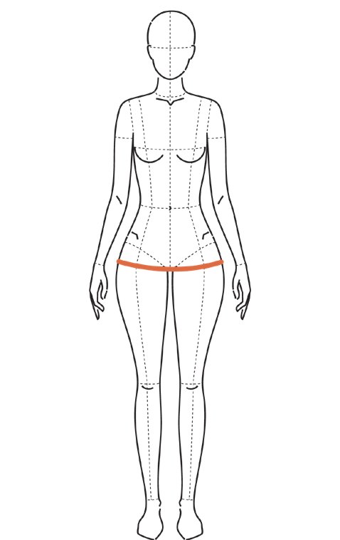 Ilustração do corpo com a linha do quadril marcada em laranja, na parte mais saliente