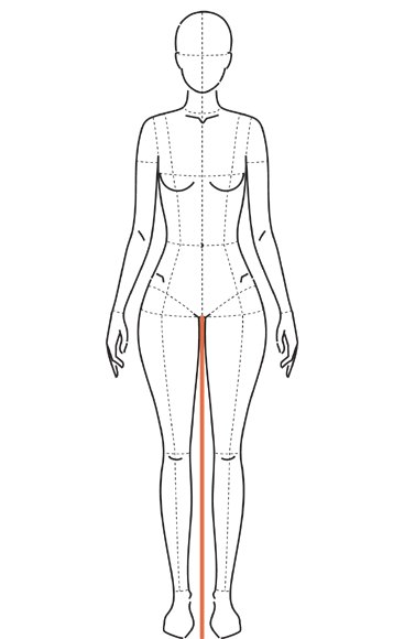 Ilustração de frente com linha vertical da virilha até o chão