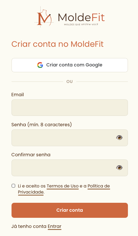 Tela de criação de conta