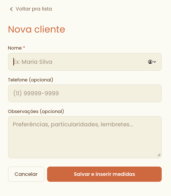 Formulário de nova cliente